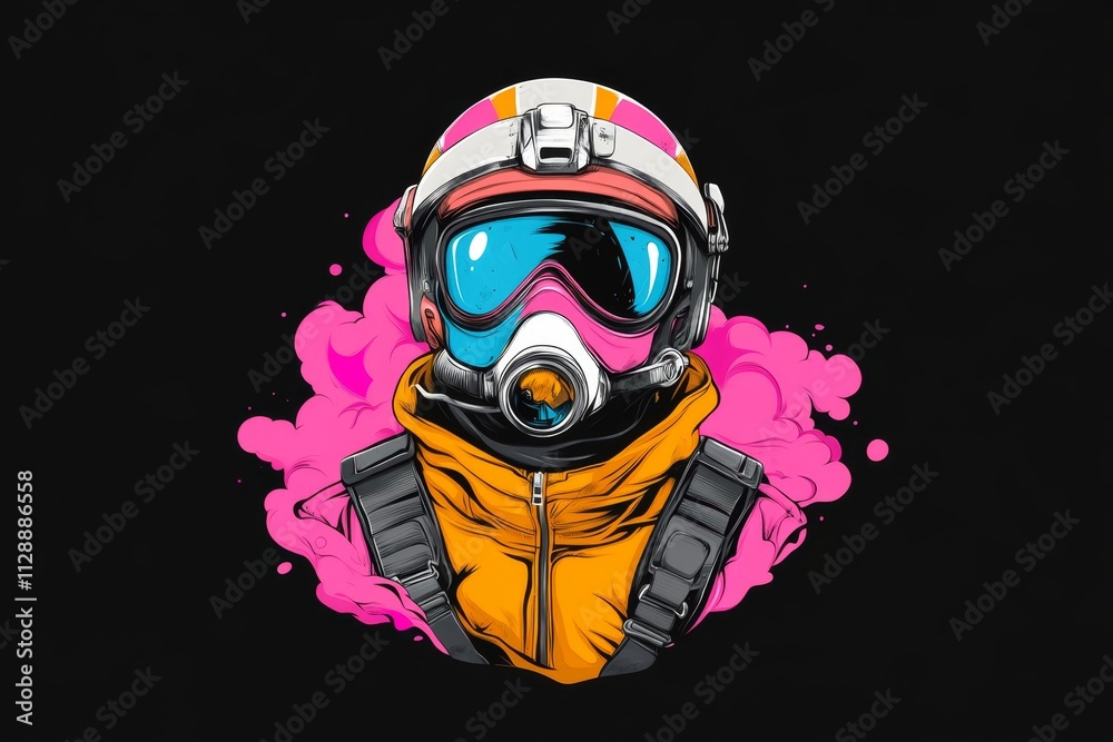 Poster a minimalist flat design of an engineer helmet and gear, with sleek geometric shapes and vibrant col