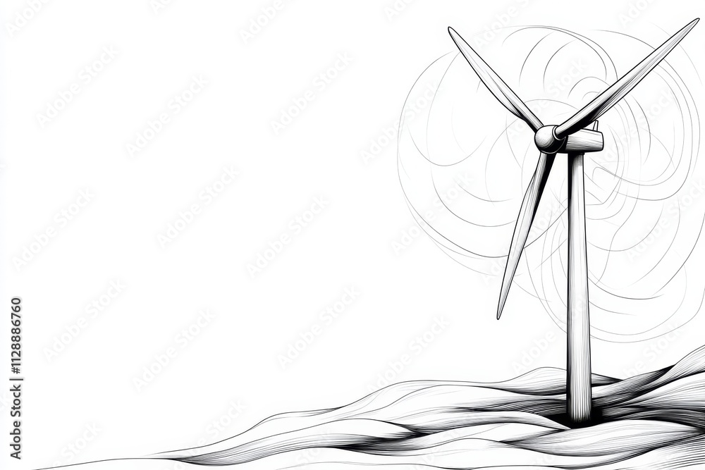 Poster a minimalist line drawing of a single wind turbine, paired with abstract circular patterns represent
