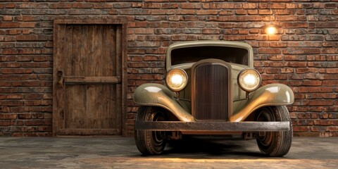 Mechanics repair engine restoration concept. Classic vintage car parked against a rustic brick wall.