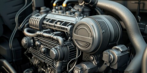 Mechanics repair engine restoration concept. Close-up of a detailed automotive engine in a mechanical setting.