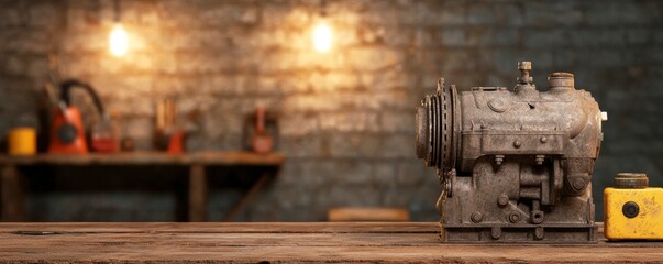 Mechanics repair engine restoration concept. Rusty engine on a wooden workbench with warm ambient lighting.