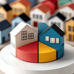 A colorful representation of houses arranged in a pie chart format, symbolizing real estate distribution or market segmentation.