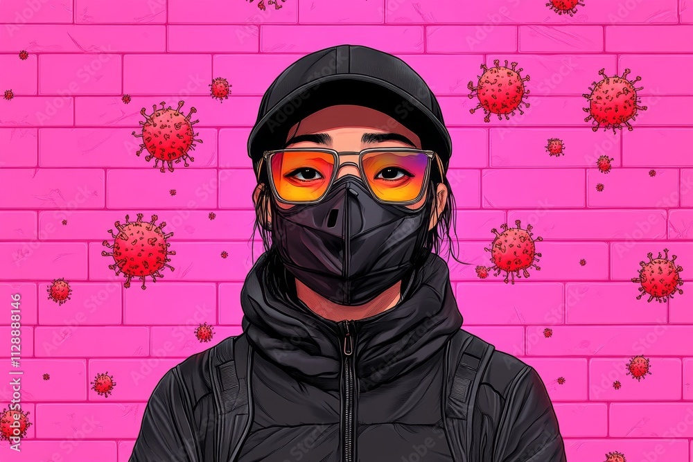 Aufkleber A pixel art depiction of a masked character standing in front of a quarantine zone, with tiny animated virus particles floating around them