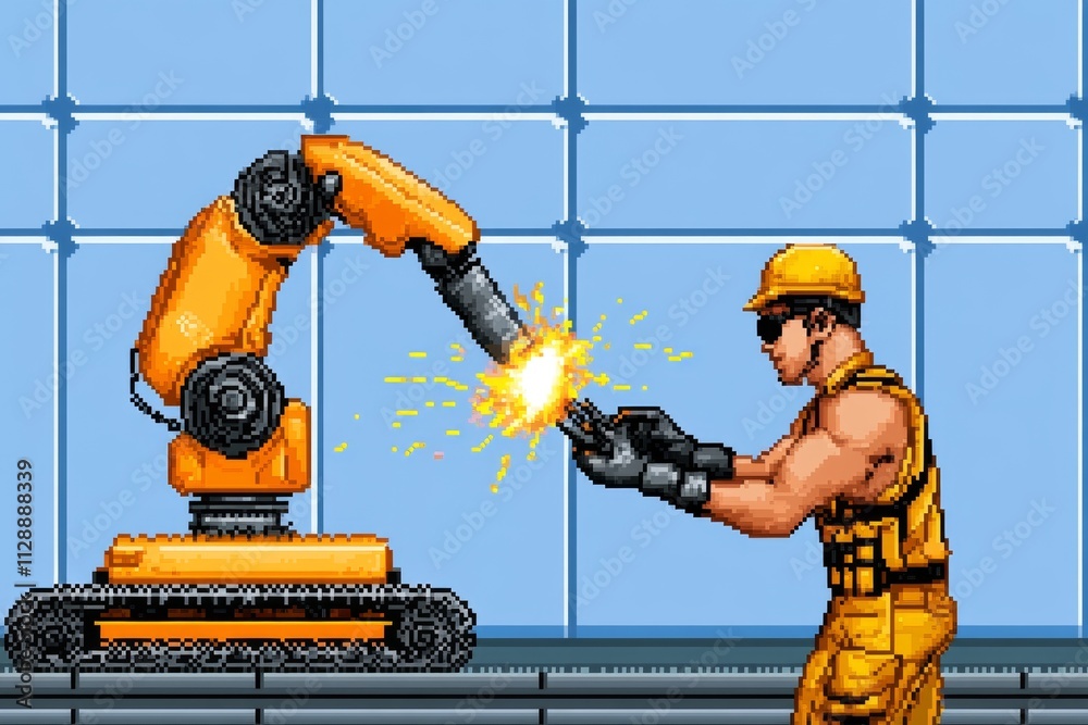 Aufkleber A pixel art depiction of an engineer fixing a robotic arm, with animated sparks and glowing tools in a retro 8-bit style