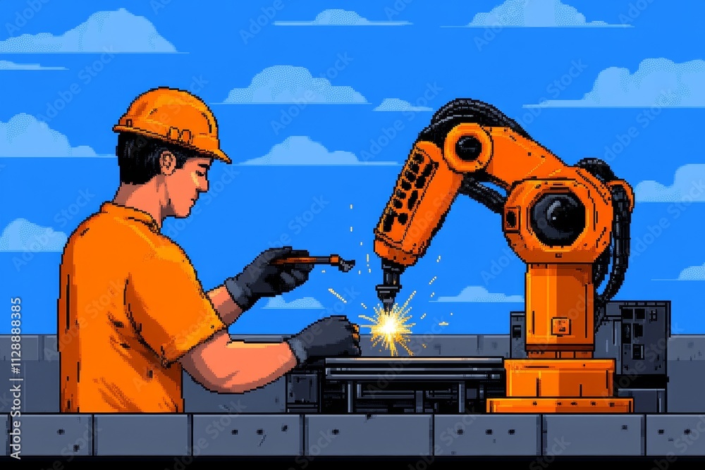 Poster A pixel art depiction of an engineer fixing a robotic arm, with animated sparks and glowing tools in a retro 8-bit style