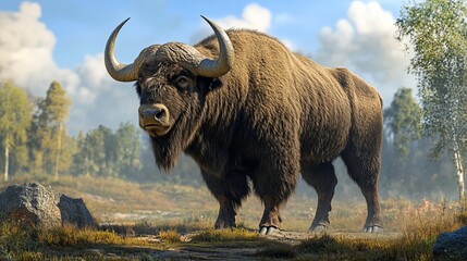 The Aurochs, also known as the European bison, is a massive European bovid with a humped shoulder and massive head. This formidable creature is well-adapted to cold climates