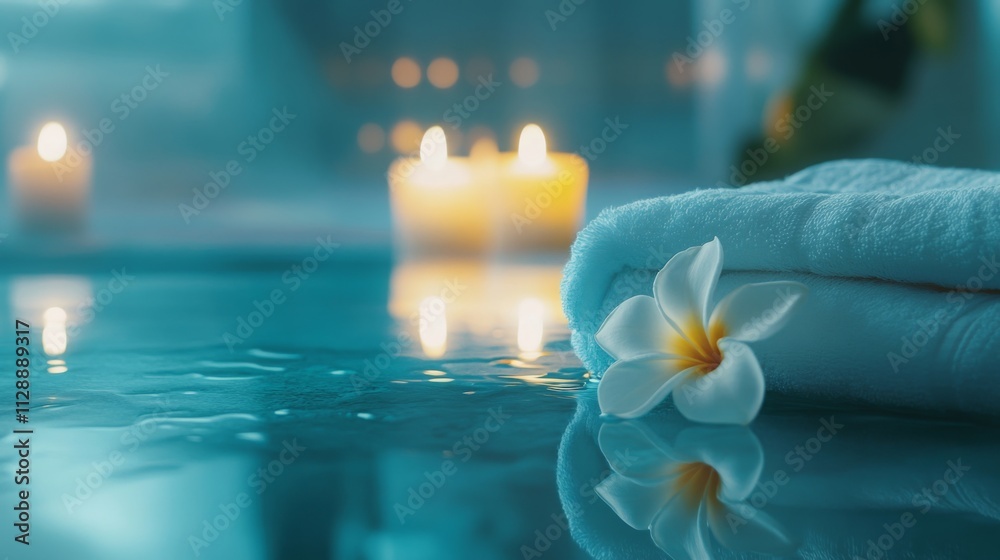 Poster a soothing spa environment features a neatly folded towel beside a calm water surface.