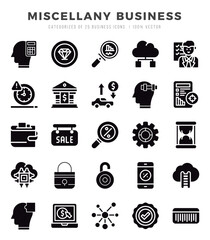Miscellany Business Glyph icons collection. 25 icon set. Vector illustration.