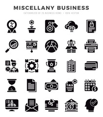 Miscellany Business icons Pack. Glyph icons set. Miscellany Business collection set.