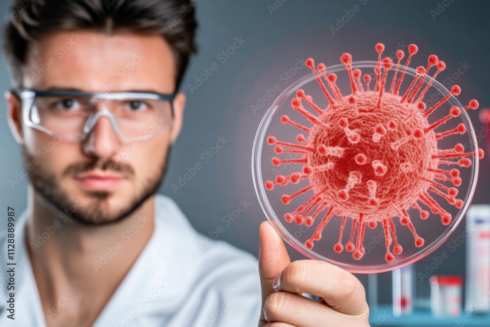 Poster a scientist in a lab holding a petri dish under a microscope, surrounded by vials and data charts an