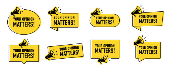 Megaphone with Your opinion matters night speech bubble. Loudspeaker. Banner for business, marketing and advertising. Vector illustration.