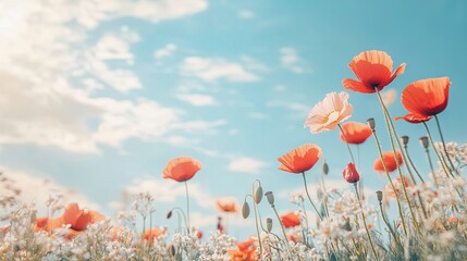 Obraz premium Serene Poppy Field Under a Summer Sky: A Breathtaking View of Nature's Beauty