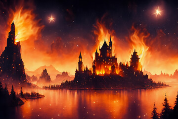 Naklejka premium A castle in the night with fire and moon. Fairy tales and fires in the castle. A castle with a big fire in the sky with stars and a dark sky. Fairy tale with fire and stars in the sky at lifestyle.