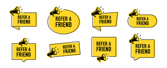 Megaphone with refer a friend speech bubble. Loudspeaker. Banner for business, marketing and advertising. Vector illustration.