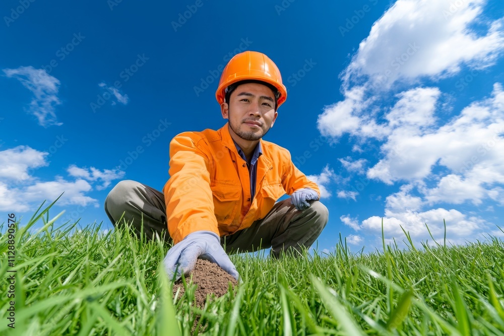 Aufkleber a serene image of an environmental engineer collecting soil samples in a green field for testing
