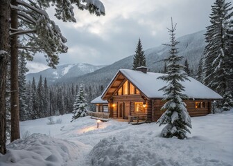 Fototapeta premium Cozy Cabin in a Snowy Winter Wonderland with Warm Lights, Pine Trees, and Soft Snow Covering the Ground, Invoking a Sense of Tranquility and Comfort in Nature's Embrace
