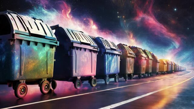 Line of dumpsters moves along a road, set against a starry sky. Colorful nebulae paint the dumpsters, creating a surreal and imaginative scene of cosmic transportation