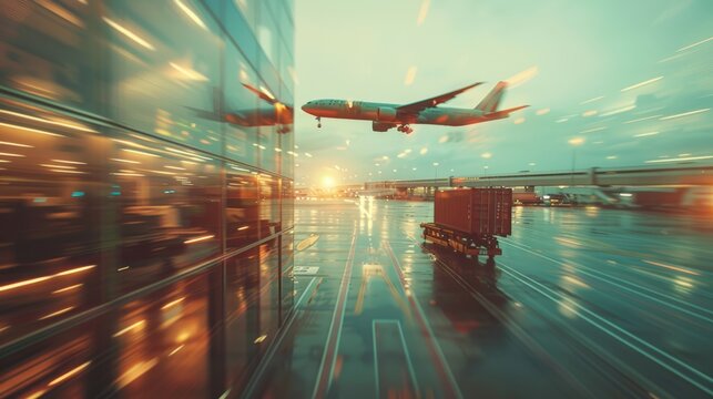 Double exposure Airplane landing over a shipping terminal at night with glowing trails and illuminated port cranes, symbolizing integrated air and sea logistics and efficient freight operations
