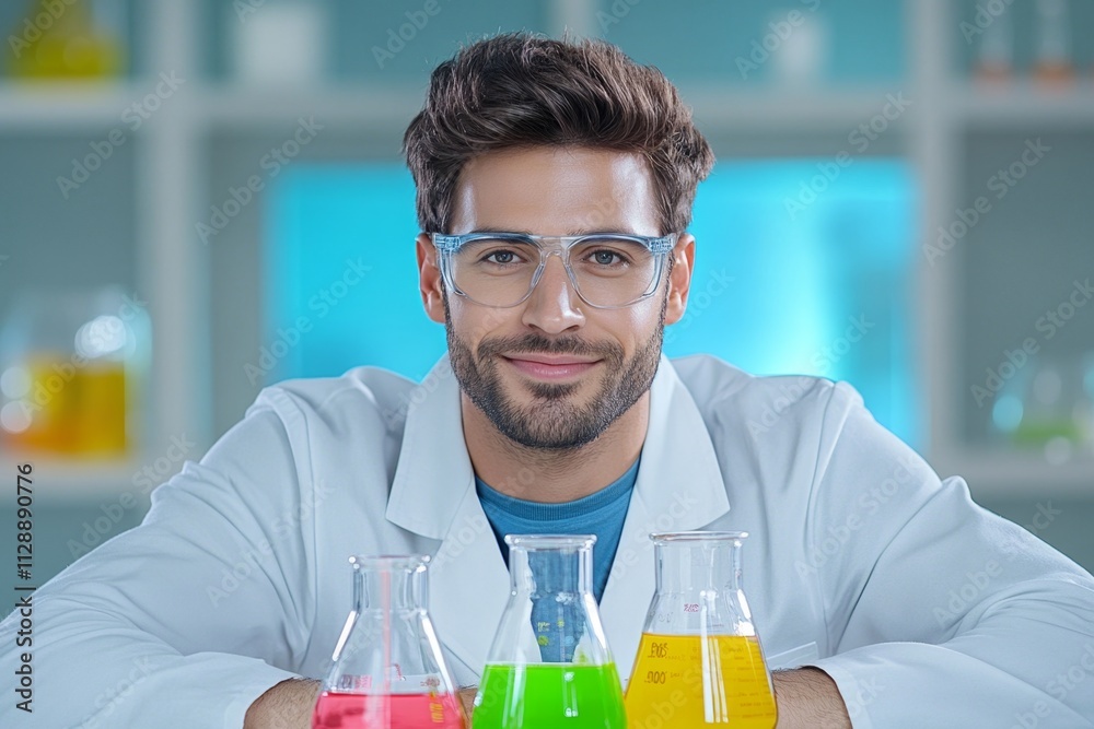 Poster A serene shot of a chemical engineer in a lab coat, analyzing data from experiments involving colorful liquids