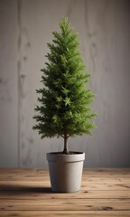 Fototapeta premium A small potted evergreen tree on a wooden table , evergreen, , small tree