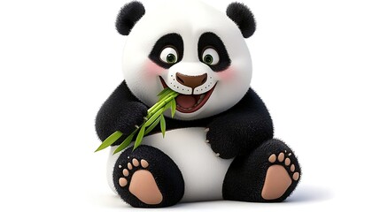 Happy Cartoon Panda Eating Bamboo Illustration