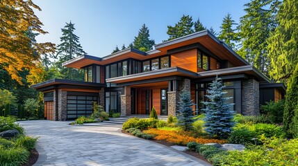Fototapeta premium Contemporary luxury residence&nbsp;features geometric architecture with clean&nbsp;lines, complemented by landscaped garden, blue spruce trees and natural stone elements in sophisticated design.