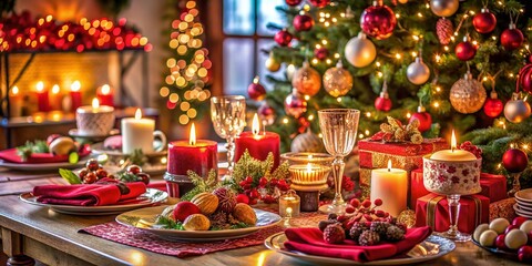 Cozy Christmas Table Setting with a Sparkling Tree in the Background, Featuring Festive Decorations, Warm Lighting, and Holiday Treats to Celebrate the Season