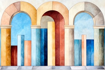 A stylized representation of ancient columns with minimalist geometric accents in muted colors