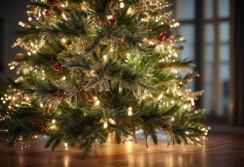 The delicate strands of tinsel dancing in the light on a beautifully decorated Christmas tree , christmas tree, ornaments, sparkle