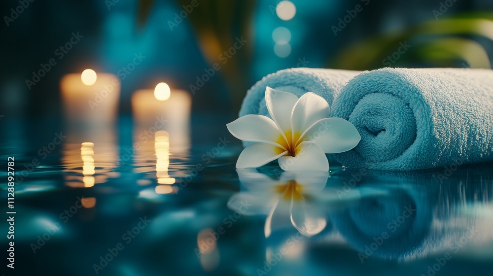 Poster Soft towels are neatly arranged beside glowing candles in a tranquil space. A single white flower rests on the towels, creating a calming atmosphere ideal for multisensory aromatherapy sessions.