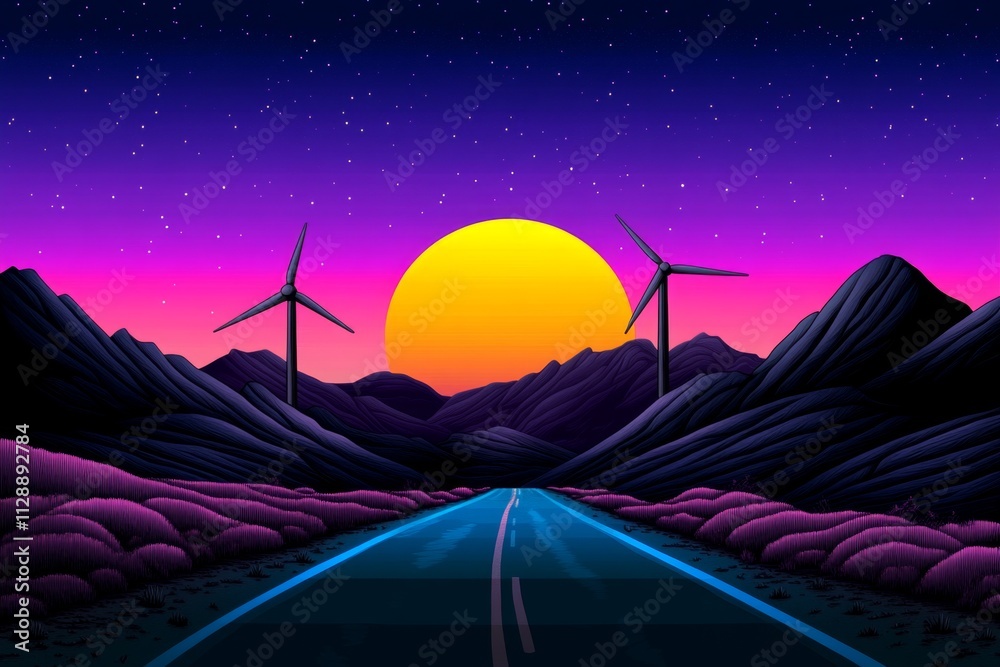 Poster a vibrant pixel art scene of a wind turbine farm spinning in a colorful animated sunset with retro v