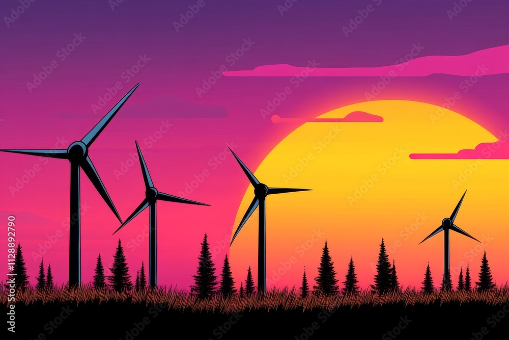 Poster a vibrant pixel art scene of a wind turbine farm spinning in a colorful animated sunset with retro v