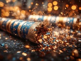 Exploded party poppers with gold and blue confetti on dark background.
