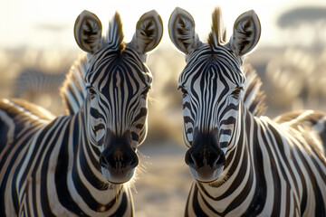 Naklejka premium Two zebras looking straight at the viewer.
