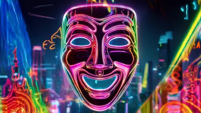 Metallic theatrical mask with a joyful expression floats on a stage with hong kong's skyline in the background. Colorful lights illuminate the scene