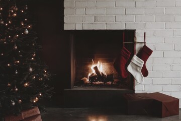 Cozy Christmas scene: fireplace with stockings and decorated tree for holiday ambiance