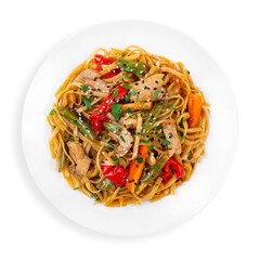 Udon noodles with chicken and vegetables, top view, isolated.
