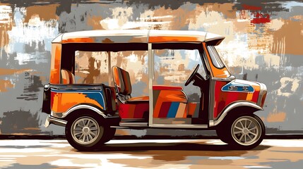 Obraz premium Charming Small Orange and Blue Car Parked on a Quiet Street Surrounded by Lush Greenery, Evoking a Nostalgic and Playful Urban Vibe in the City Pantone2025