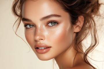 caucasian woman with perfect skin, makeup in brown color on beige background, fashion portrait, natural beauty