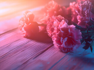 Carnations lying flat on a wooden surface with a soft pink overlay, casting a warm and natural ambiance 