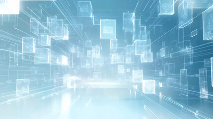 A minimalist abstract background depicting interconnected lines and shapes in blue and white, designed for technology themes, showcasing a clean and modern look ideal for presentations or digital desi