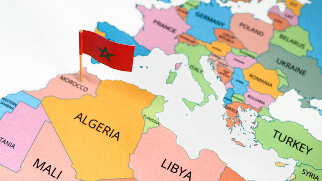 A map of Morocco with the national flag of Morocco on it