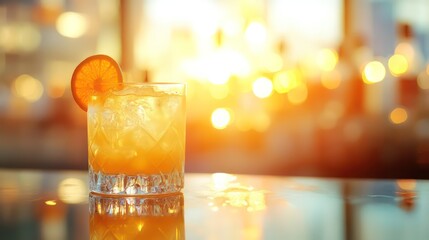 A refreshing cocktail with an orange slice, illuminated by warm sunset light.