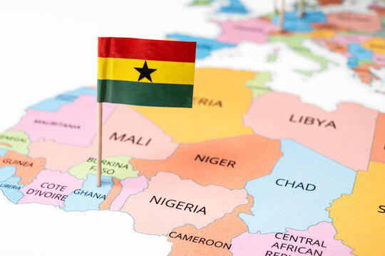 A map of Ghana with the national flag of Ghana on it