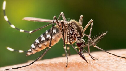 Fototapeta premium Close up mosquito drinks blood out of man body.