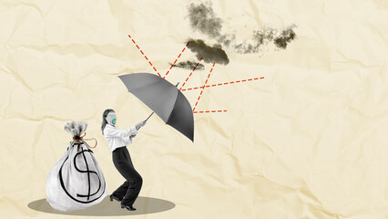 A businessman with an umbrella protects her dollar money bag on a colored background