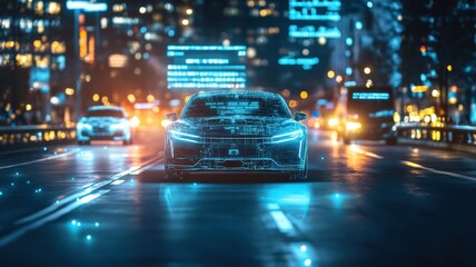 Nighttime city drive with autonomous cars, blending headlights and data displays. Robotic cars