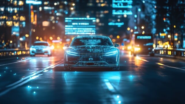 Nighttime city drive with autonomous cars, blending headlights and data displays. Robotic cars
