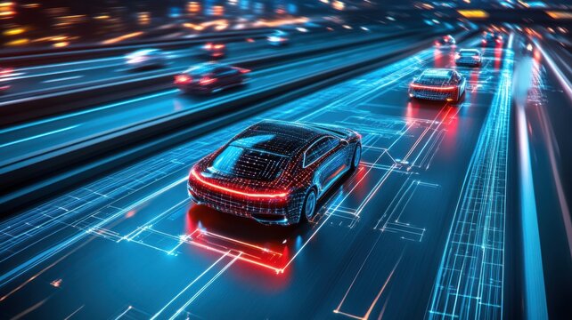 Vehicle-to-vehicle data exchange on highway, glowing lines and modern tech. Robotic cars