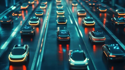 Obraz premium Robotic cars in sync on busy highway, showcasing flawless autopilot systems. Robotic cars
